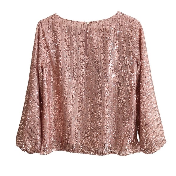 Loft NWT Pink Sequin Puff Sleeve Blouse Pullover Size XS - Picture 4 of 9